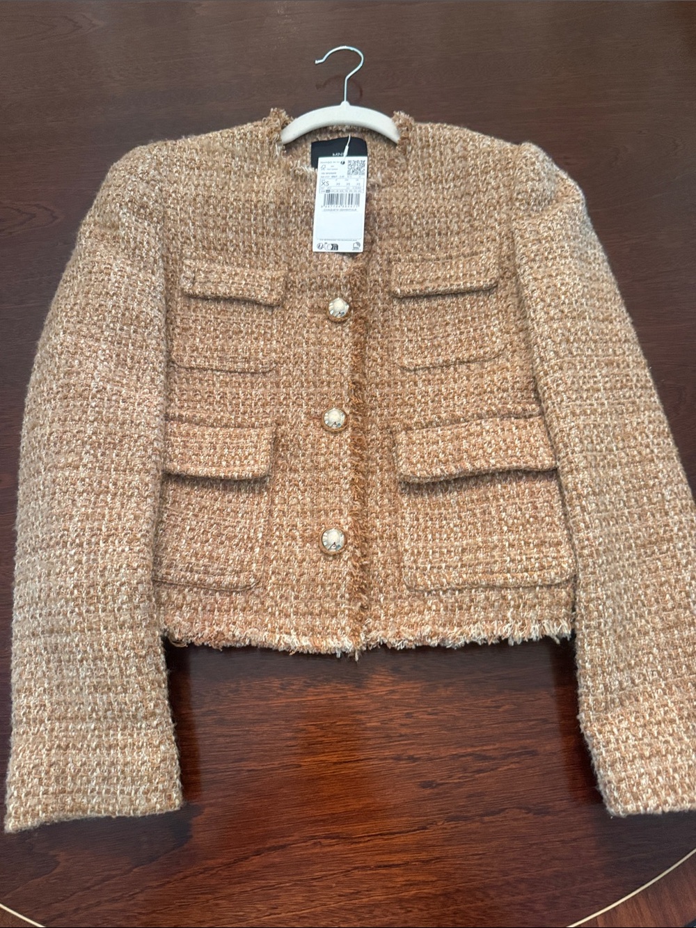 Mango Tan Bouclé Cropped Blazer with Pearl Buttons